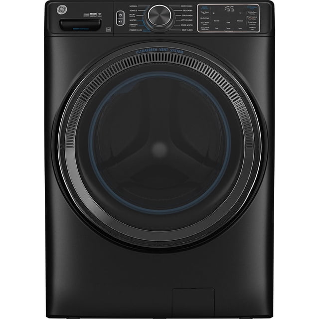 GE® Laveuse à Vapeur Intelligente à Chargement Frontal de 5,8 Pi3 IEC avec Système de Ventilation SmartDispense UltraFresh - GFW655SPVDS. Cette Laveuse à Chargement Frontal Présente une Capacité de 5,8 Pi3, Système de Ventilation UltraFresh, Technologie Microban Antimicrobienne et Nettoyage à la Vapeur. Elle Comprend la Technologie SmartDispense pour la Distribution Automatique de Détergent, des cycles d'Assainissement et d'Allergènes, et une Connectivité Wi‐Fi pour la Télécommande. l'Extérieur Noir et Élégant Présente un design Moderne