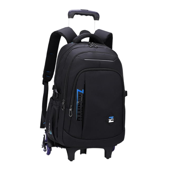 Bunblic Rolling Backpack Trolley Suitcase Portable Multifunctional Removable Trolley Computer Bag Wheeled Laptop Backpack for Camping in blue with 6 wheels. Made of durable nylon, it features adjustable shoulder straps, a sturdy handle, and a removable trolley. The backpack has multiple compartments, smooth zippers, and measures 33cm x 20cm x 50cm (12.99in x 7.87in x 19.69in). Suitable for business, travel, camping, and overnight use.