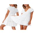 thumbnail image 4 of Femmes Robe à Volants V Cou Swing Été Manches Courtes Robe Décontractée Mini Robes, 4 of 8