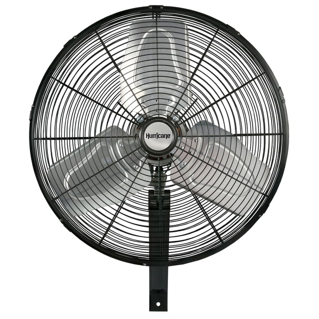 Hurricane 20 Inch Pro Commercial Grade Classic Wall Mount Fan in black, featuring a durable all-metal construction with a sleek powder-coated finish. The fan includes aluminum blades for efficient air circulation and a thermally protected motor for safety. Designed for spaces like homes, greenhouses, garages, and workshops, it offers 3 speed settings, oscillation controls, and adjustable tilt for customizable airflow. Comes with a heavy-duty wall bracket and hardware for easy installation, saving valuable floor space.