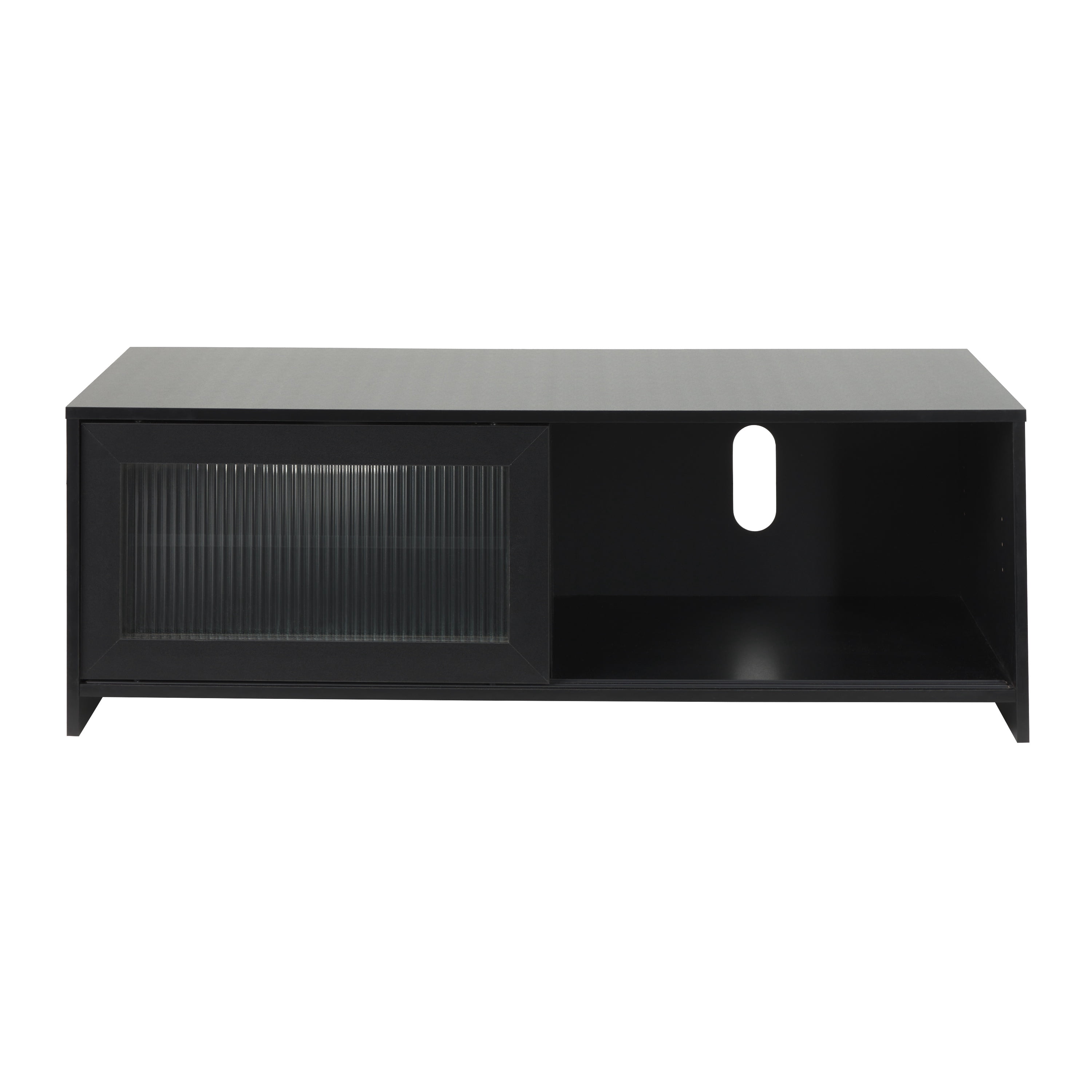 Meuble TV double modulaire CorLiving Ellis en bois d'ingénierie avec 4 portes vitrées cannelées, compatible avec la plupart des téléviseurs de plus de 95 pouces, noir