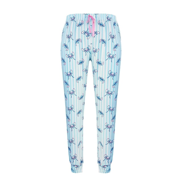 Lilo & Stitch Knit Sleep Pant - Adults with light blue and white vertical stripes and blue and pink Stitch face prints, featuring a pink drawstring waistband and cuffed ankles for a snug fit, ideal for comfortable sleepwear or casual loungewear.