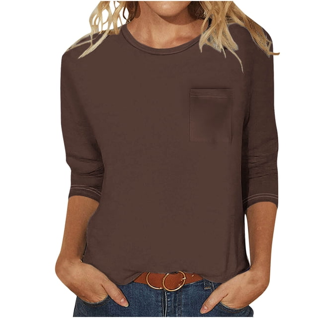 Haut Décontracté pour Femmes, Couleur Unie, Col Rond, Manches 3/4 et Poche à Manches 3/4