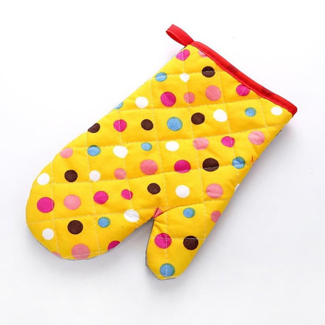 TIMIFIS Oven Mitts Kitchen Accessories Kitchen Cooking Microwave Oven Gloves Mitts Dot Pot Pad Heat Proof Protected. A single oven mitt made of polyester with a bright yellow base and a colourful polka dot pattern in various sizes. The mitt features a quilted design for added durability and a red fabric trim with a hanging loop for easy storage. Sized approximately 26 x 16 cm, it is designed for heat protection and a non-slip grip, suitable for handling hot pots, pans, and grills. Ideal for indoor and outdoor cooking, including barbecues and camping.