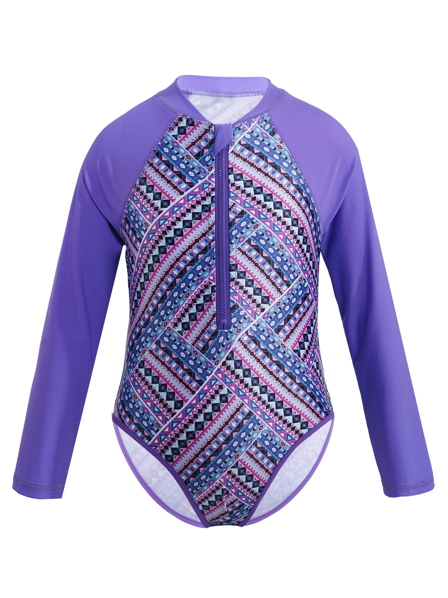 YONGHS Kids Girls Long Sleeve One Piece Swimsuits Zipper Rash Guard Swimwear UV Protection Bathing Suit Purple 14