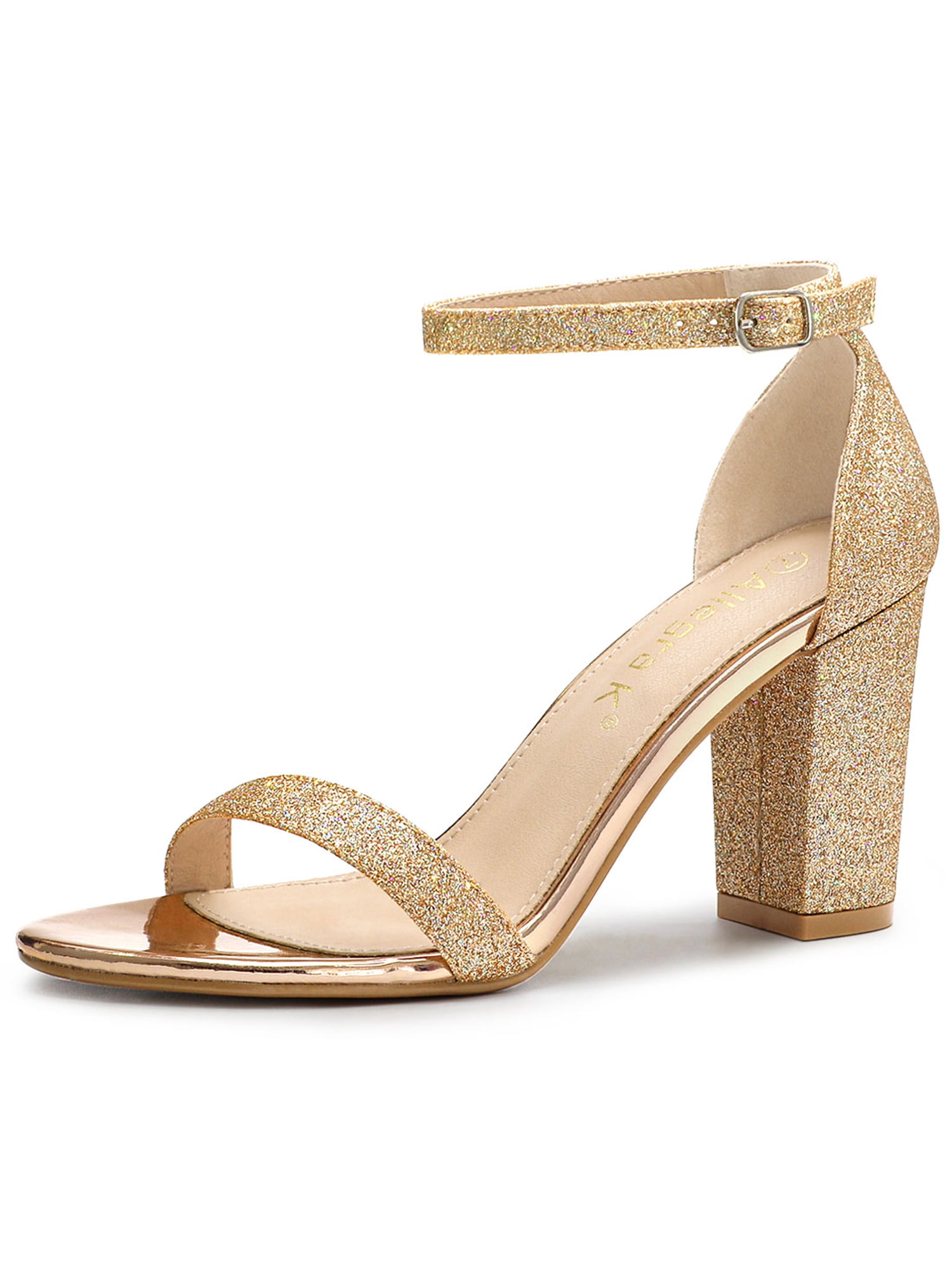 BLISSFUL STEP Women's Open Toe Ankle Strap Buckle Block Heels Glitter Sandals Gold 7