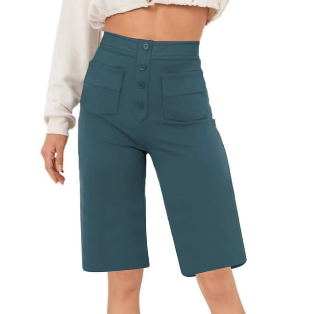 Timegard Shorts for Women High Waist Button Straight Leg Solid Color Comfy Casual Workout Half Pants