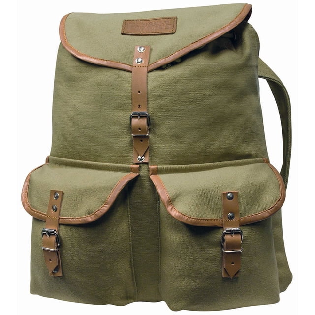 World Famous Vintage Camper Rucksack Bag in olive green heavy cotton canvas with brown leather pocket closures, featuring one main compartment and two front buckle pockets, measuring 17 by 19 inches, shown front-facing on a white background, often used as a durable everyday backpack.