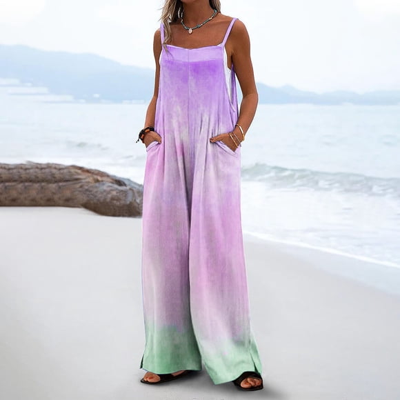 Pisexur Women's Pants,Pants for Women Fashion Casual Loose Printed Pockets Sleeveless Back Strap Jumpsuit Purple,S