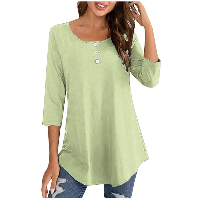 TACILIP Hauts à Manches 3/4 pour Femmes, Blouses à Boutons à Col Ras du Cou, T-Shirts Basiques, T-Shirts Décontractés d'Automne, T-Shirts Amples de Travail, Tenues de Printemps, Cadeaux pour Femmes