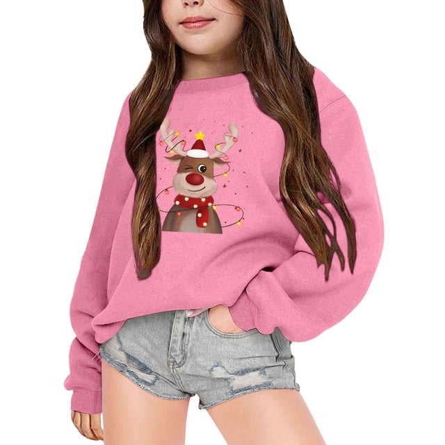 PMVFHDE Chandail à Capuche Grande Taille pour Enfants Automne et Hiver à Manches Longues Imprimé Col Rond pour Garçons et Filles Manteau à Capuche Chaud Chandails pour Filles Taille 10-12, Rose, 6-7 Ans
