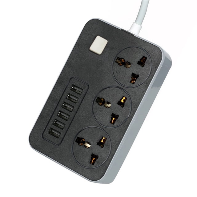 Household multifunctional bank plug with standard plug, featuring a black power strip design with 3 AC outlets and 6 USB charging ports. Includes a 2.18 ft heavy-duty indoor extension cord and surge protection rated at 2700 joules. The unit has a flame-retardant PC housing and independent jacks for safety, suitable for use as a power bar.