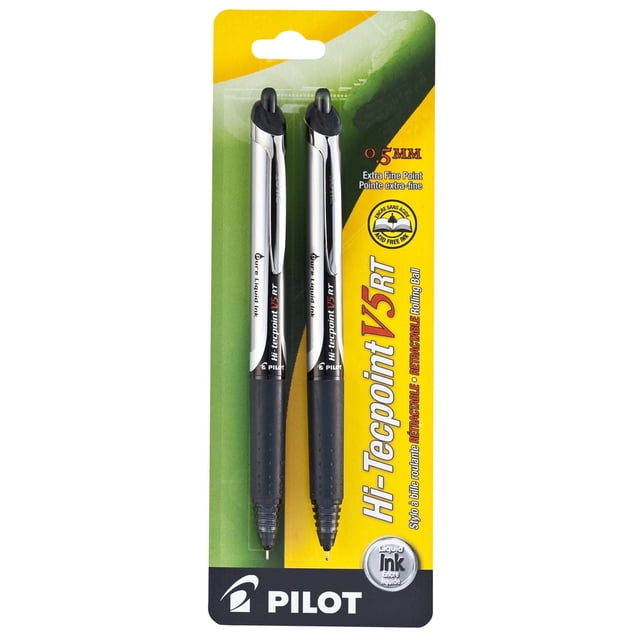 Pilot Hi-Tecpoint V5 RT retractable roller ball pens pack of 2 with 0.5 mm extra fine black liquid ink tips, featuring ergonomic rubber grips and silver barrels with clips, designed for precise, smooth writing and refillable for eco-friendly use.