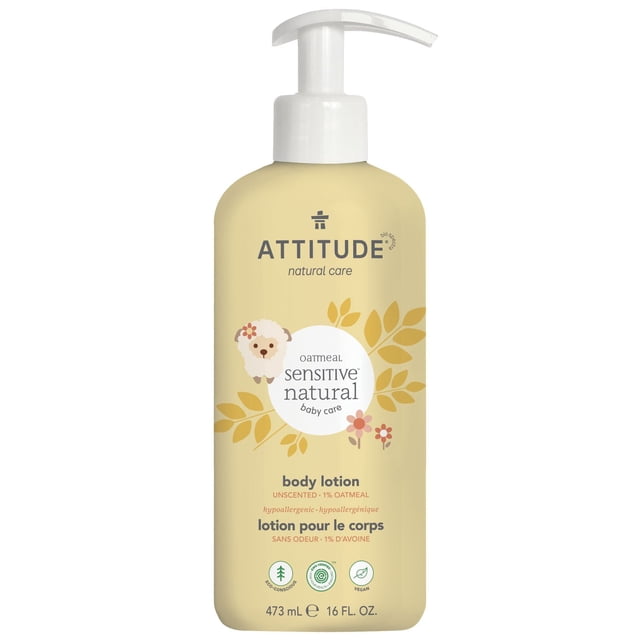 ATTITUDE oatmeal sensitive natural baby care body lotion in a 473 mL beige pump bottle with oat and floral graphics, unscented and vegan, formulated to soothe and nourish delicate baby skin with a lightweight, hypoallergenic formula.