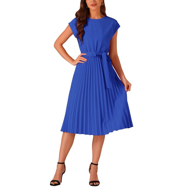 INSPIRE CHIC Robe Plissée pour Femme Col Ras du Cou Sans Manches Taille à Nouer Robes Trapèze TG Bleu Royal