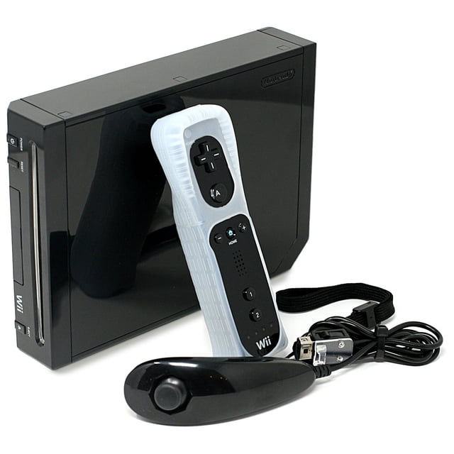 Nintendo Wii Console (Black) bundle featuring a pre-owned black Wii console, a Wii Remote controller with a protective silicone cover, a Nunchuk attachment, and necessary connection cables. The console is shown in a sleek black finish with the accessories placed in front, highlighting its motion-controlled gaming capabilities.