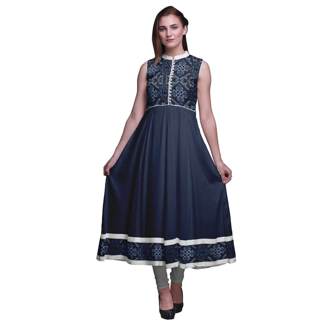 Bimba Robe Anarkali Noire à Imprimé Damassé pour Femme, Col Mandarin, Style Designer, Kurta Ethnique Indienne, Très Grande