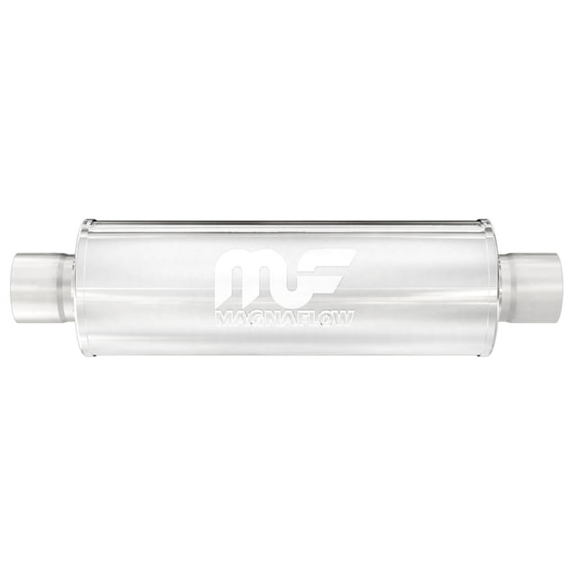 Magnaflow Performance Exhaust Muffler 10434 with a 4-inch diameter satin stainless steel case, single 2-inch center inlet and outlet, and a 22-inch body with 28-inch overall length. Designed for high-revving import engines, it emits a smooth, deep tone and improves performance over OEM equipment. Ideal for street cars with bolt-on modifications, it is part of MagnaFlow's emission and exhaust parts lineup. The polished surface features the MagnaFlow logo.