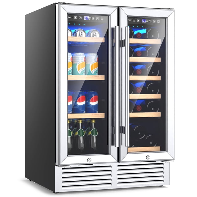 Costway Réfrigérateur de 24 Pouces à Double Zone pour Vin et Boissons avec Double Commande, Doté d'Un design Argenté Élégant avec des Portes en Verre Trempé à Double Couche. la Zone Gauche Affiche des Étagères en Acier Tenant des Canettes de soda et des Bouteilles, pendant Que la Zone Droite Mettant en Valeur des Supports en Bois de Hêtre pour Ranger des Bouteilles de Vin. Équipé de Commandes de Température Numériques Indépendantes pour Chaque Zone, le Refroidisseur Accueille 18 Bouteilles de Vin et 57 Canettes de Boisson. Idéal pour une installation Autoportante Ou Intégrée, Comprend un Éclairage DEL