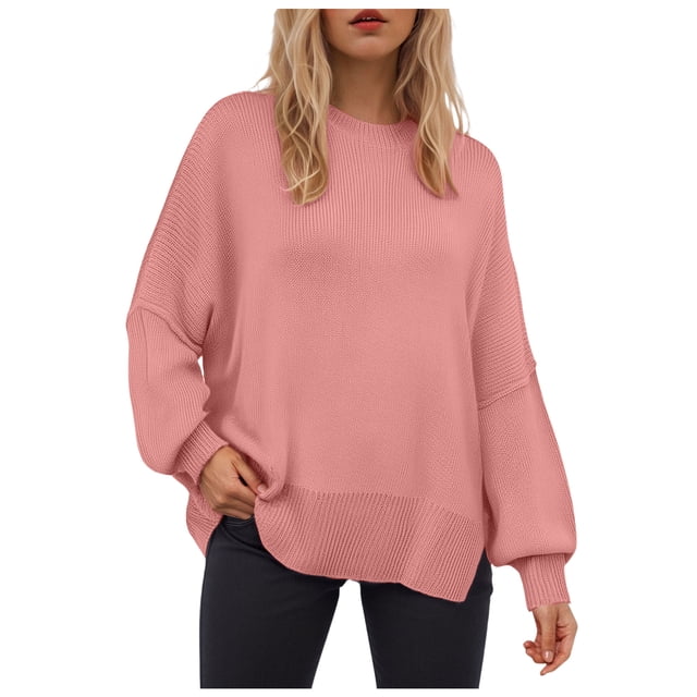WUANDIXFA Chandails à Col Rond pour Femmes d'Automne, Chandails pour Femmes à Manches Longues avec Fente Latérale, Chandails à Col Rond, Hauts de Mode pour Femmes, Vêtements, Corset, Vêtement d'Extérieur, Rose, m