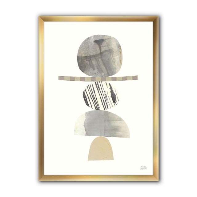 Designart Géométrique Équilibre Neutre I Art Mural Encadré avec Quatre Formes Abstraites Neutres Empilées en Rayures Grises, beige et Noires sur Toile de Coton Blanche, Monté dans un Cadre de Couleur Or, Imprimé avec une Encre Résistante à la Décoloration, Prêt à Accrocher avec Trousse Incluse.