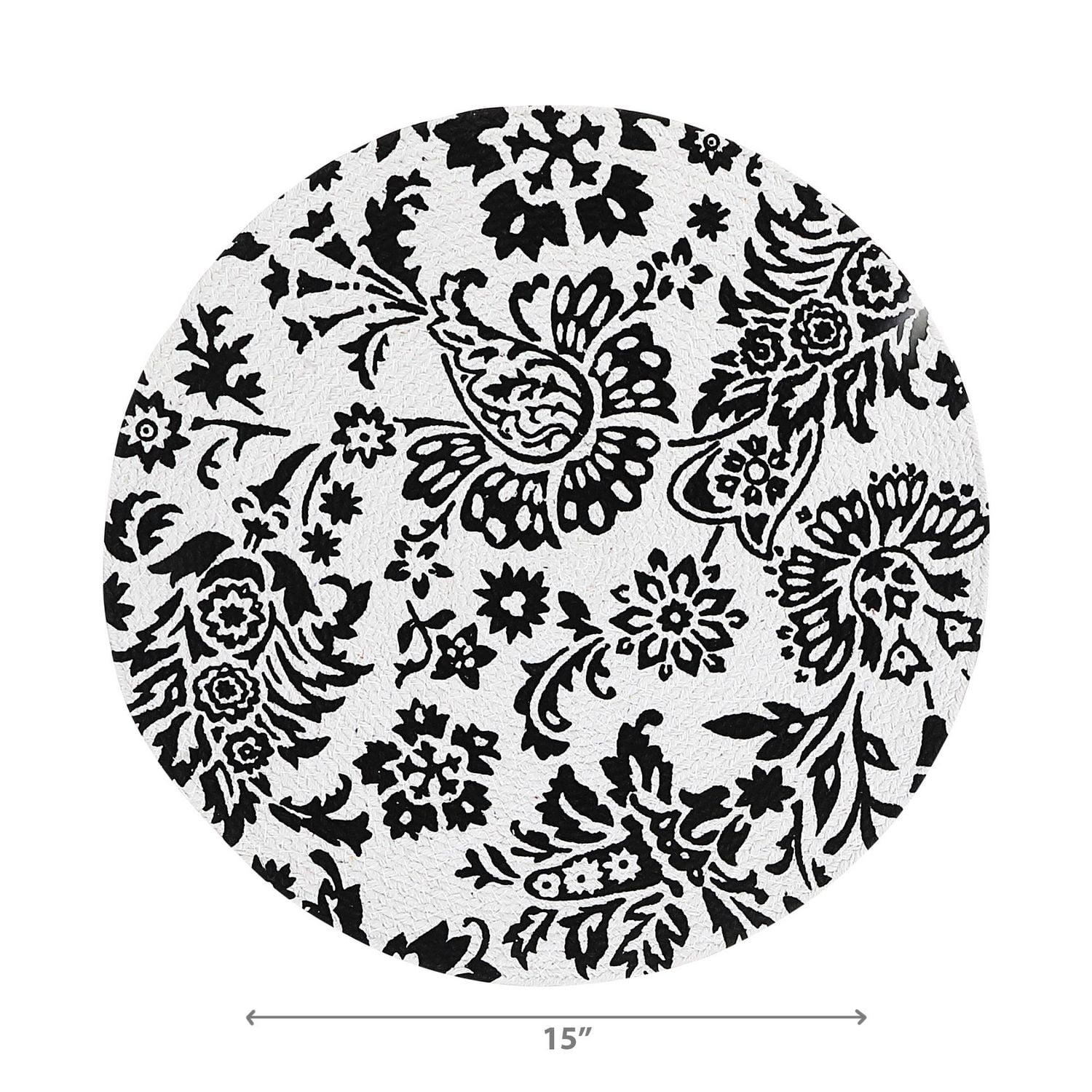 IH Casa Decor Imprimé Round Cotton Corde Placemat Black Baroque - Ensemble De 12