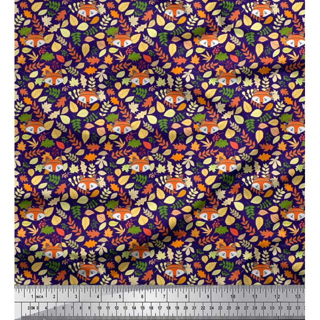 Soimoi Polyester Crepe Fabric Leaves & Fox Face Cartoon Print Fabric by Yard 42 Inch Wide