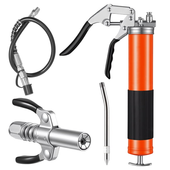 KFFKFF Grease Gun, 8000 PSI, Pistol Grip Grease Gun Kit with 14 oz Capacity, Includes 18-Inch Flex Hose, Double Handle Grease Coupler