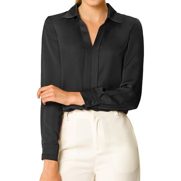 INSPIRE CHIC Women's Elegant Solid V Neck Smooth Satin Long Sleeve Blouse