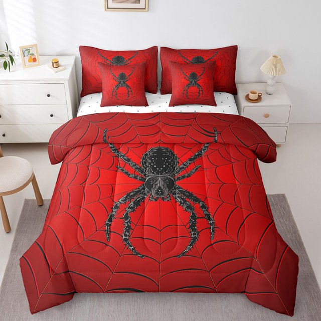 Halloween Spider Bed in a Bag Queen 7 Pieces,Black Spider Webs Halloween Decorations Comforter Set Reversible Vintage Gothic Spiderweb Design,Soft Breathable Bedding Sets with Comforter,Sheets