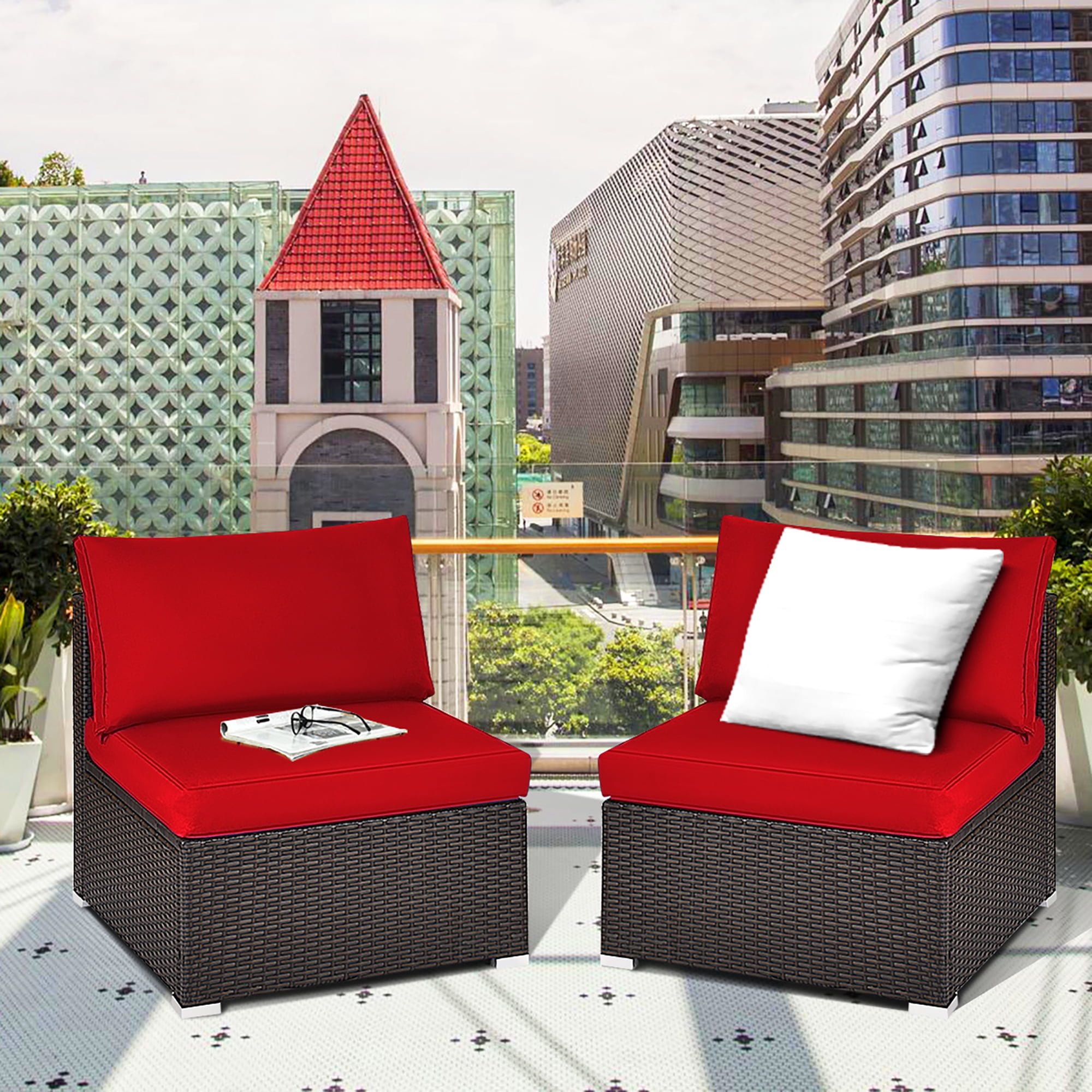 Costway 2PCS Patio Rattan Armless Sofa Sectional Conversation Furniture Set  W/Cushion