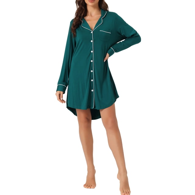 INSPIRE CHIC Chemise de Nuit à Manches Longues pour Femme, Col à Revers Cranté, Boutonnée, S Vert Foncé