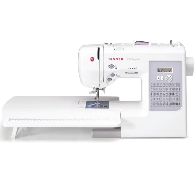 SINGER® 7285Q Patchwork™ Computerized Sewing & Quilting Machine in white with a large removable extension table featuring ruler markings, digital stitch selection panel displaying 203 stitch applications, start/stop button, speed control lever, and 11 included presser feet for quilting and sewing projects, ideal for sewists of all levels.