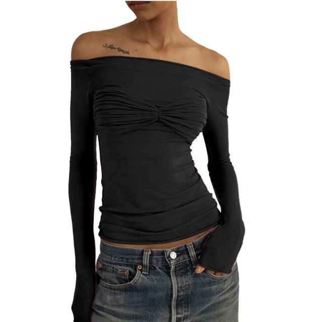CEHVOM Mode Femme Été Épaules Dénudées Uni Manches Longues Haut Décontracté Blouse Liquidation