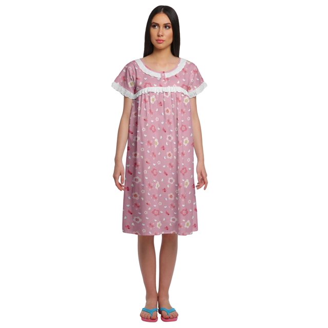 Moomaya Short Sleeve Nightdress For Ladies Printed Button Placket Nightwear