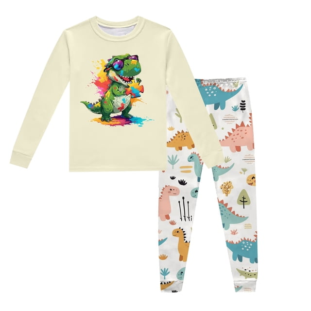 Pyjama pour Garçons, Ensemble de Pyjama 2 Pcs pour le Printemps et l'Automne avec Haut à Col Rond à Manches Longues et Pantalon, beige, Conçu pour les Enfants de 8 à 9 Ans. l'Ensemble Comprend un Haut beige à Manches Longues avec un Graphique de Dinosaure Coloré et des Pantalons Assortis avec un Imprimé de Dinosaure Ludique en Diverses Couleurs. Fabriqué en Mélange Doux de polyester et d'Élasthanne, Ce Vêtement de Nuit Offre Confort et Durabilité pour une Utilisation Toute l'Année. la Taille Élastique Assure un Ajustement Serré, le Rendant Idéal pour l'Heure du Coucher Ou la Détente.