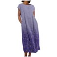 thumbnail image 2 of Meichang Robe d'Été en Coton et Lin à Manches Courtes pour Femme, Col Rond, Coupe Ample, Dégradé, Robe Midi Bohème Décontractée à Imprimé, Robe de Travail Rétro Légère Évasée, Violet, TG, 2 of 5