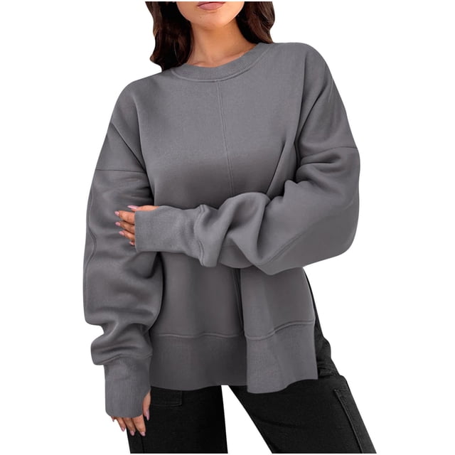 Timegard Womens Sweatshirt Long Sleeve Side Split Crewneck Oversized Pullover Fall Winter Loose Tops