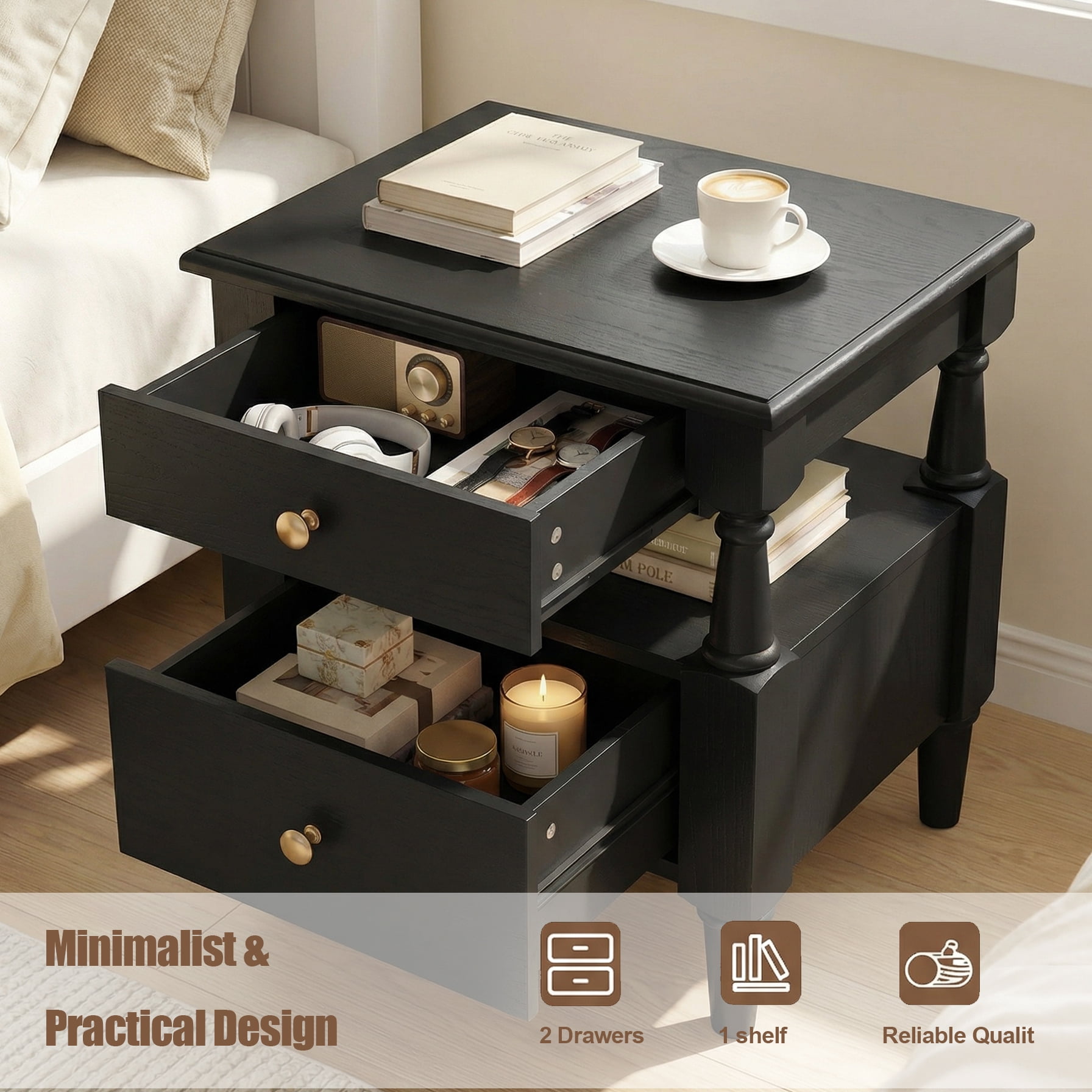 Homy Casa California Modern MDF Wood Nightstand with Drawer and Open Shelf 22.44 Inch Tall Black - Single Piece