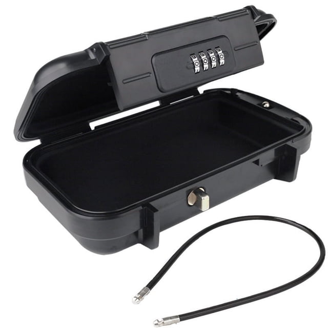 Portable Safe Box Travel Safe Box Large Capacity Security Lockbox Code Waterproof Key Lock Box, featuring a high-strength ABS plastic shell and a high-density EVA protective padded interior. The black lockbox includes a combination code lock on the lid and a detachable steel cable for securing it to fixed objects. Exterior dimensions are approximately 24cm x 14cm x 5.8cm, with an interior size of 20.5cm x 10.5cm x 4cm. The steel cable measures 50cm in length and 6.2mm in diameter. Suitable for securing keys and small valuables during travel or outdoor use.
