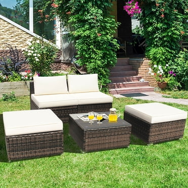 Costway Ensemble de Mobilier de Terrasse en Rotin Osier 5 Pcs Canapé Sans Accoudoirs Ottoman Coussiné Jardin