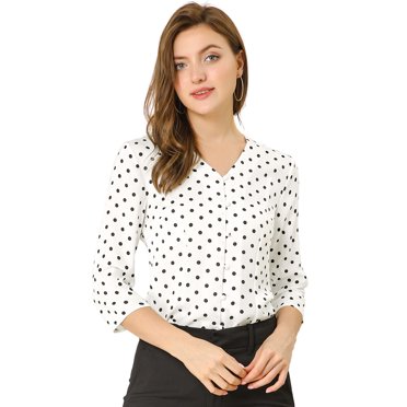 INSPIRE CHIC Women's Blouse V Neck 3/4 Sleeves Polka Dots Heart Print Button Front Top White S