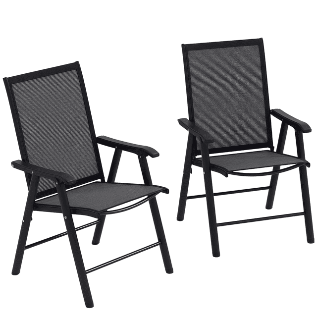 Outsunny Ensemble de 2 Chaises de Salle à Manger Pliantes en Gris Foncé, Conçu pour les Repas et la Détente en Plein Air. Comprend un Cadre en Acier Massif, un Tissu en Maille, des Accoudoirs et des Dossier Haut pour un Confort Ergonomique. Pliable pour un transport et un Rangement Faciles, Convient aux patios, aux Sorties de camping Ou aux Escapades à la Plage.