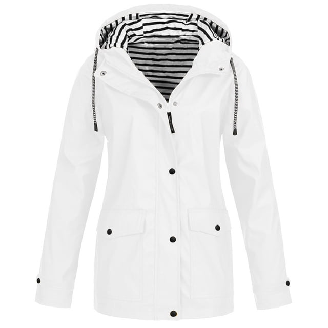 Heliisoer Women's Plus Size Solid Snap Zip Up Rain Jacket Outdoor Plus Size Waterproof Hooded Raincoat Windproof