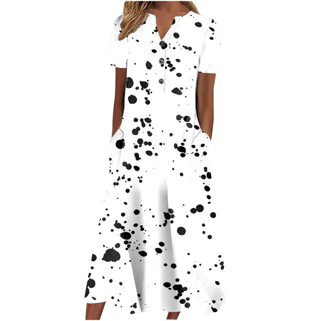 Cameland Robe d'Été pour Femme Décontractée à Col en V avec Boutons, Manches Courtes, Imprimée, Coupe Évasée, avec Poche