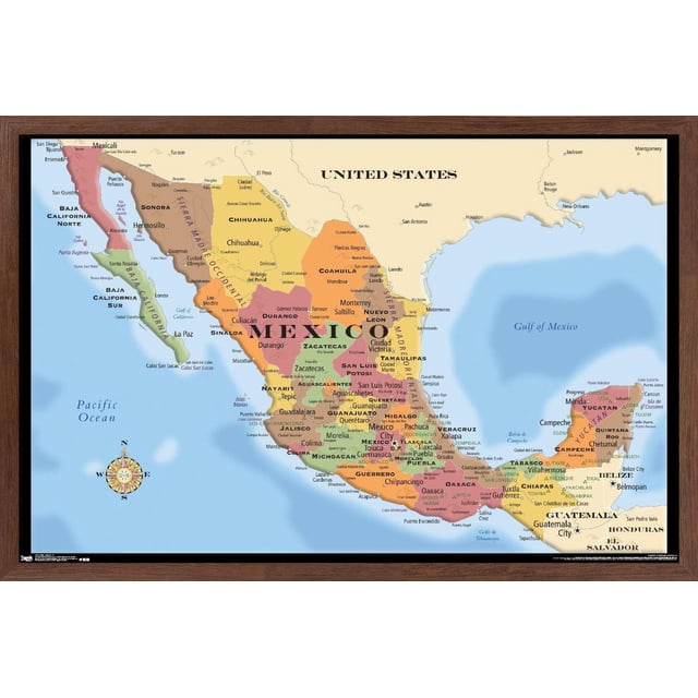 Carte - Affiche Murale du Mexique, 22,375 Pouces x 34 Pouces Encadrée, Affichant une Carte Politique Détaillée avec des États Mexicains Codés par Couleur et des Grandes Villes Étiquetées, Bordée par les États-Unis, le Guatemala et le Belize, avec l'Océan Pacifique et le Golfe du Mexique Visibles, Présentée dans un Cadre en Acajou avec une Finition Satinée, Convient à la Maison, au Bureau Ou au décor Éducatif.