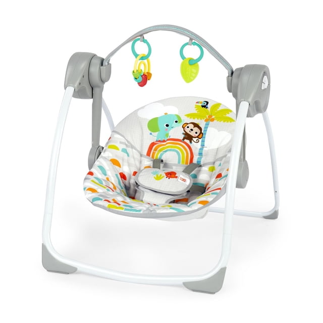 Bright Starts Playful Paradise Portable Swing with white and grey frame, deep reclined seat featuring colorful rainbow and animal prints including elephant and monkey, removable toy bar with two nature-inspired hanging toys, 5-point harness, 6 swing speeds with WhisperQuiet technology, and foldable lightweight design for easy travel and storage.