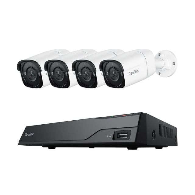 Reolink NVS8-5MB4 8-channel PoE NVR system with four white 5MP Super HD bullet cameras featuring black lens housing and a black NVR box with USB port and status lights, supporting smart person, vehicle, and animal detection for reliable 24/7 surveillance.