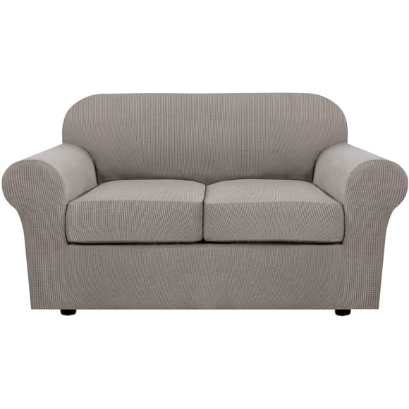 3 Piece Stretch Sofa Covers for 2 Cushion Loveseat Couch Covers for Living Room Furniture Cover (Base Cover Plus 2 Seat Cushion Covers) Thicker Jacquard Fabric(Medium Sofa, Taupe)