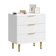 Fluted Dresser for Bedroom with 3 Drawers, Wooden Chest of Drawers with Metal Handle & Feet, White Dresser for Living Room, Hallway, Bedroom
